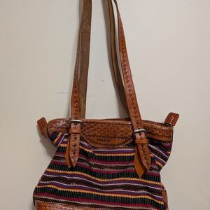 Tan Leather-Trim Multicolor Woven Shoulder Bag